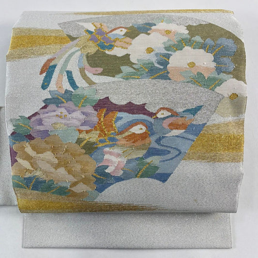 名古屋帶 秀品級 扇子面 花鳥 金絲 金金箔 銀 純蠶絲