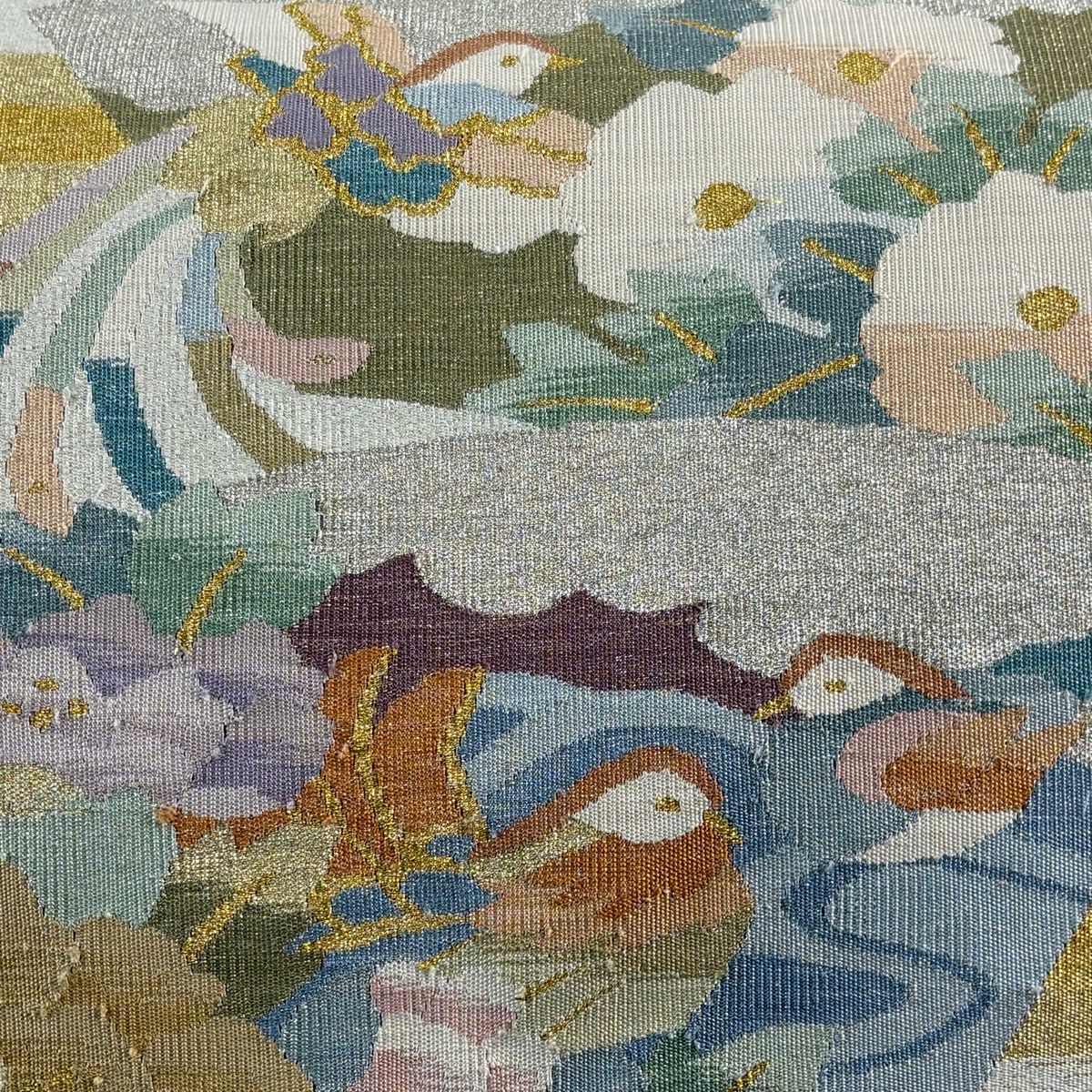 名古屋帶 秀品級 扇子面 花鳥 金絲 金金箔 銀 純蠶絲