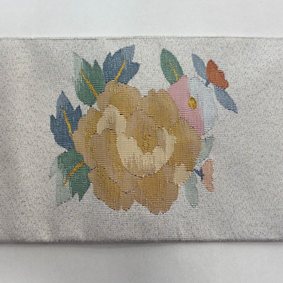 名古屋帶 秀品級 扇子面 花鳥 金絲 金金箔 銀 純蠶絲