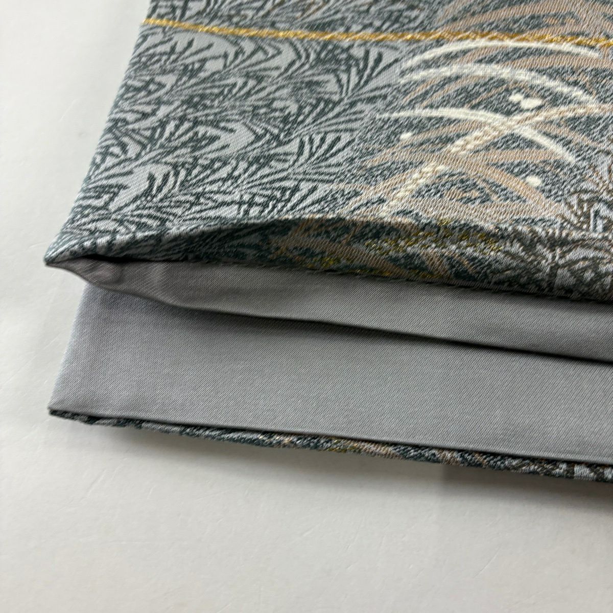 【美品】 袋帶 秀品級 露芝 葉 金金箔 青灰 六通 純蠶絲