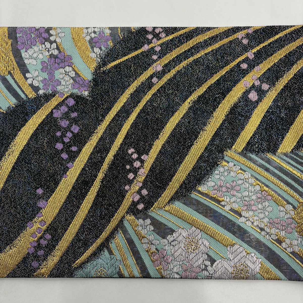 袋帶 秀品級 櫻花 梅花花 唐織 金金箔 深藍 六通 純蠶絲