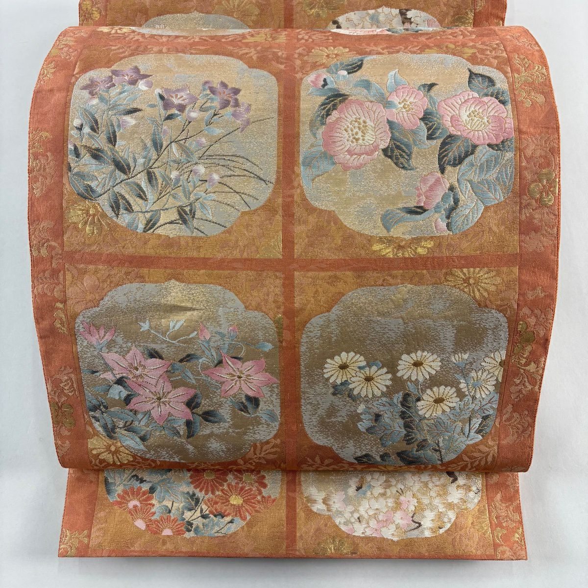 【美品】 袋帶 秀品級 菊花花 桔梗 金金箔 金絲 鮭粉色 六通 純蠶絲