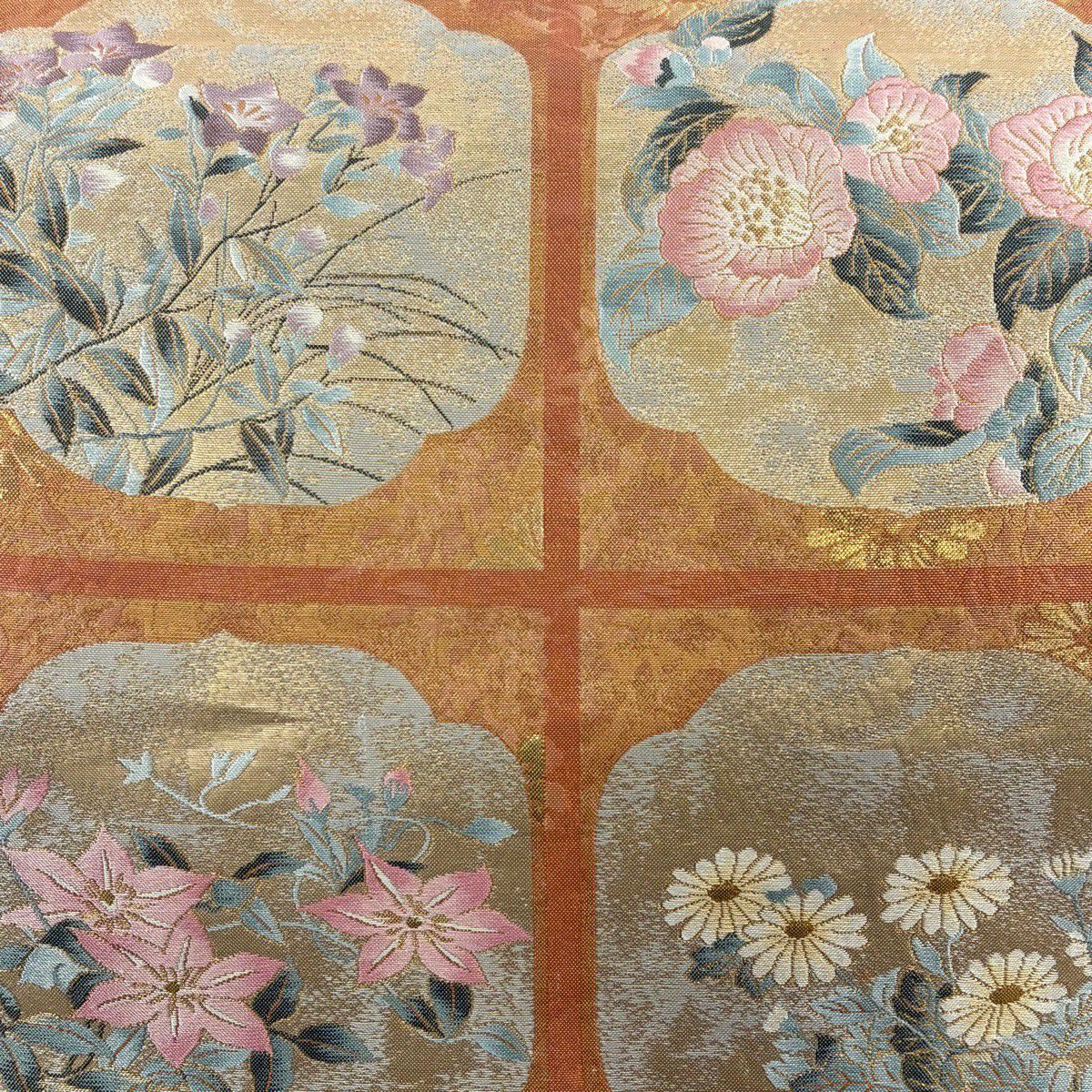 【美品】 袋帶 秀品級 菊花花 桔梗 金金箔 金絲 鮭粉色 六通 純蠶絲