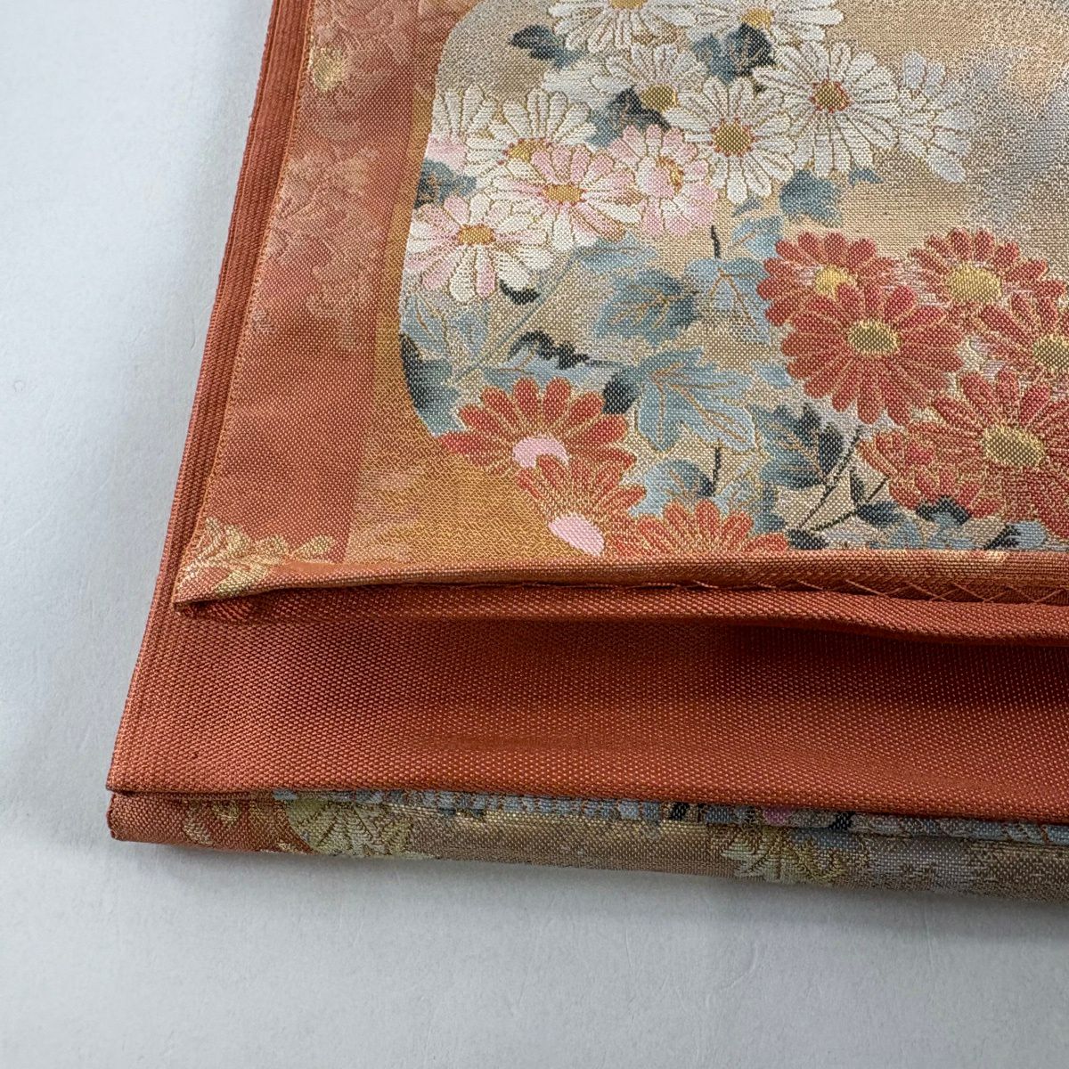 【美品】 袋帶 秀品級 菊花花 桔梗 金金箔 金絲 鮭粉色 六通 純蠶絲