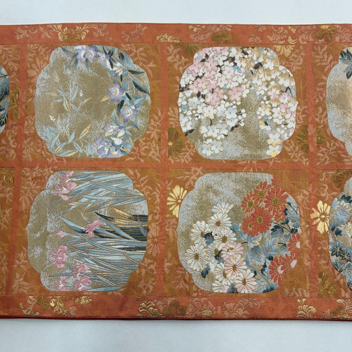 【美品】 袋帶 秀品級 菊花花 桔梗 金金箔 金絲 鮭粉色 六通 純蠶絲