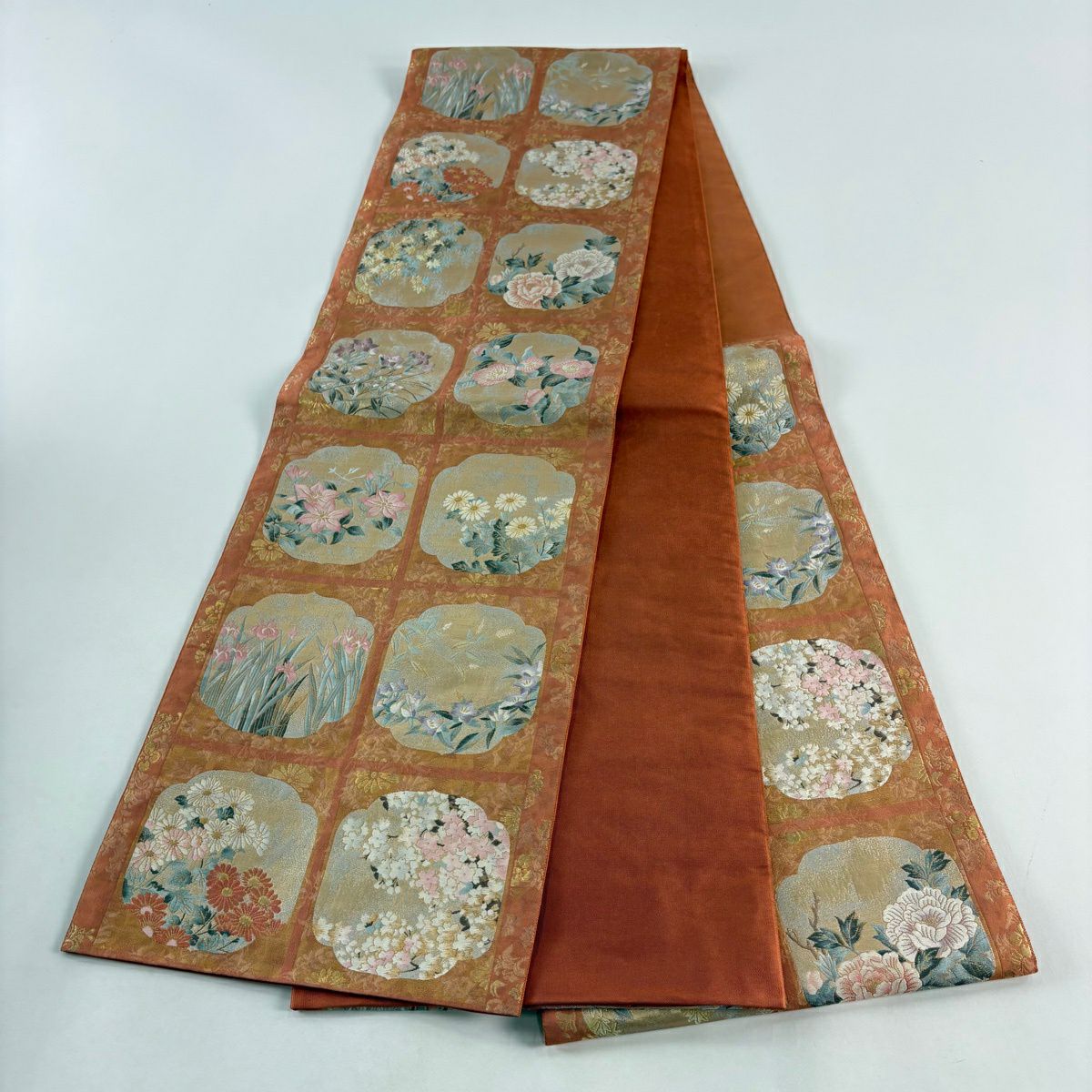 【美品】 袋帶 秀品級 菊花花 桔梗 金金箔 金絲 鮭粉色 六通 純蠶絲