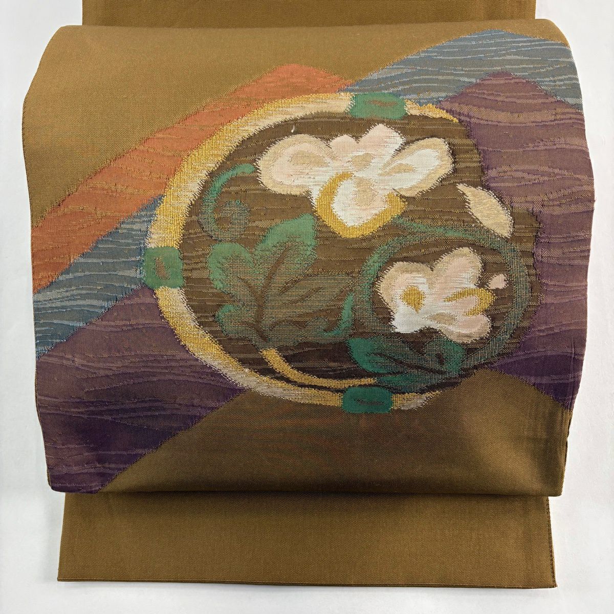 【美品】 袋帶 秀品級 關西仕立 紬織織 花唐草紋 波 金金箔 山吹茶 素材 正蠶絲