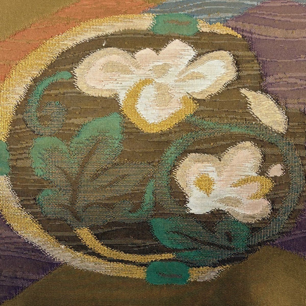 【美品】 袋帶 秀品級 關西仕立 紬織織 花唐草紋 波 金金箔 山吹茶 素材 正蠶絲