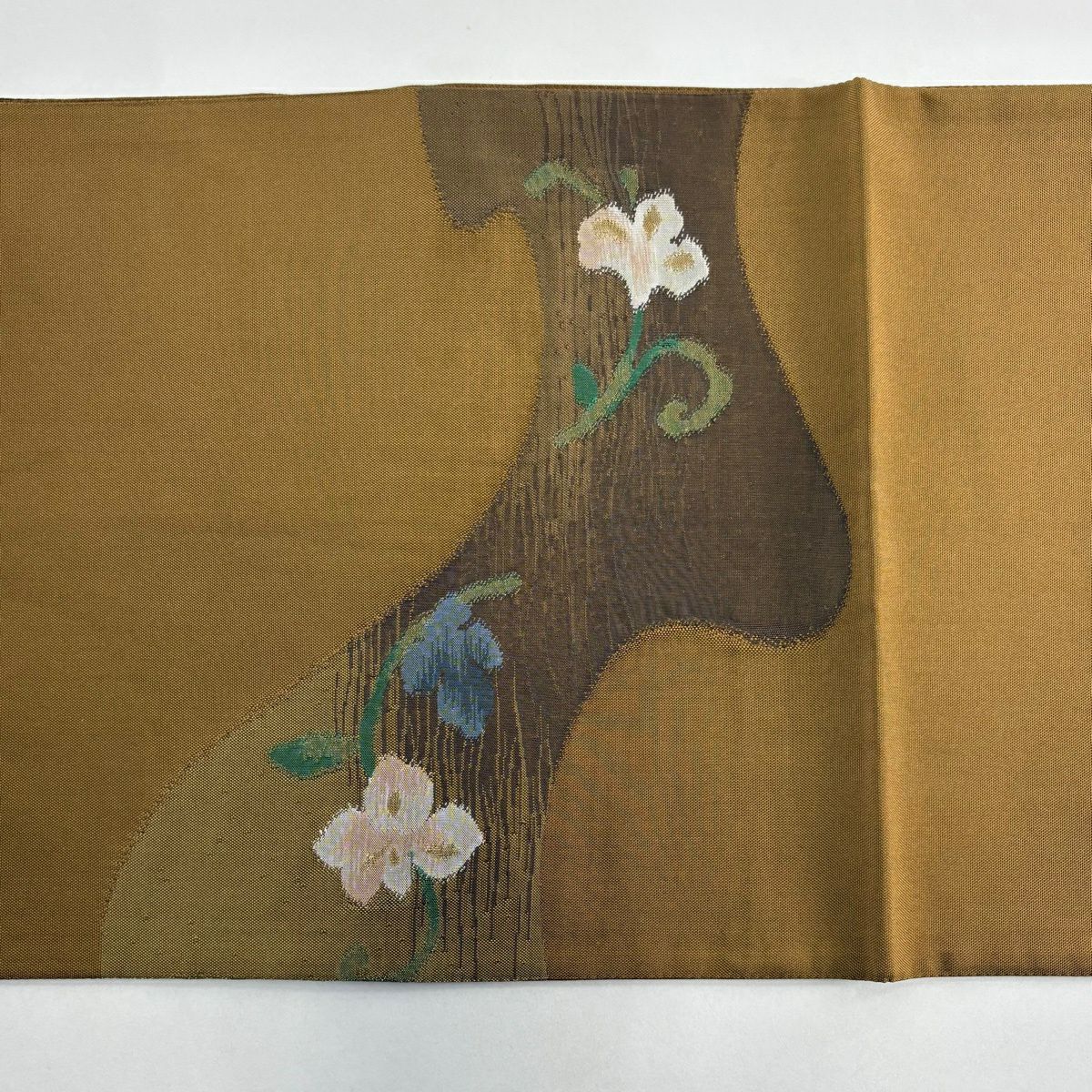 【美品】 袋帶 秀品級 關西仕立 紬織織 花唐草紋 波 金金箔 山吹茶 素材 正蠶絲