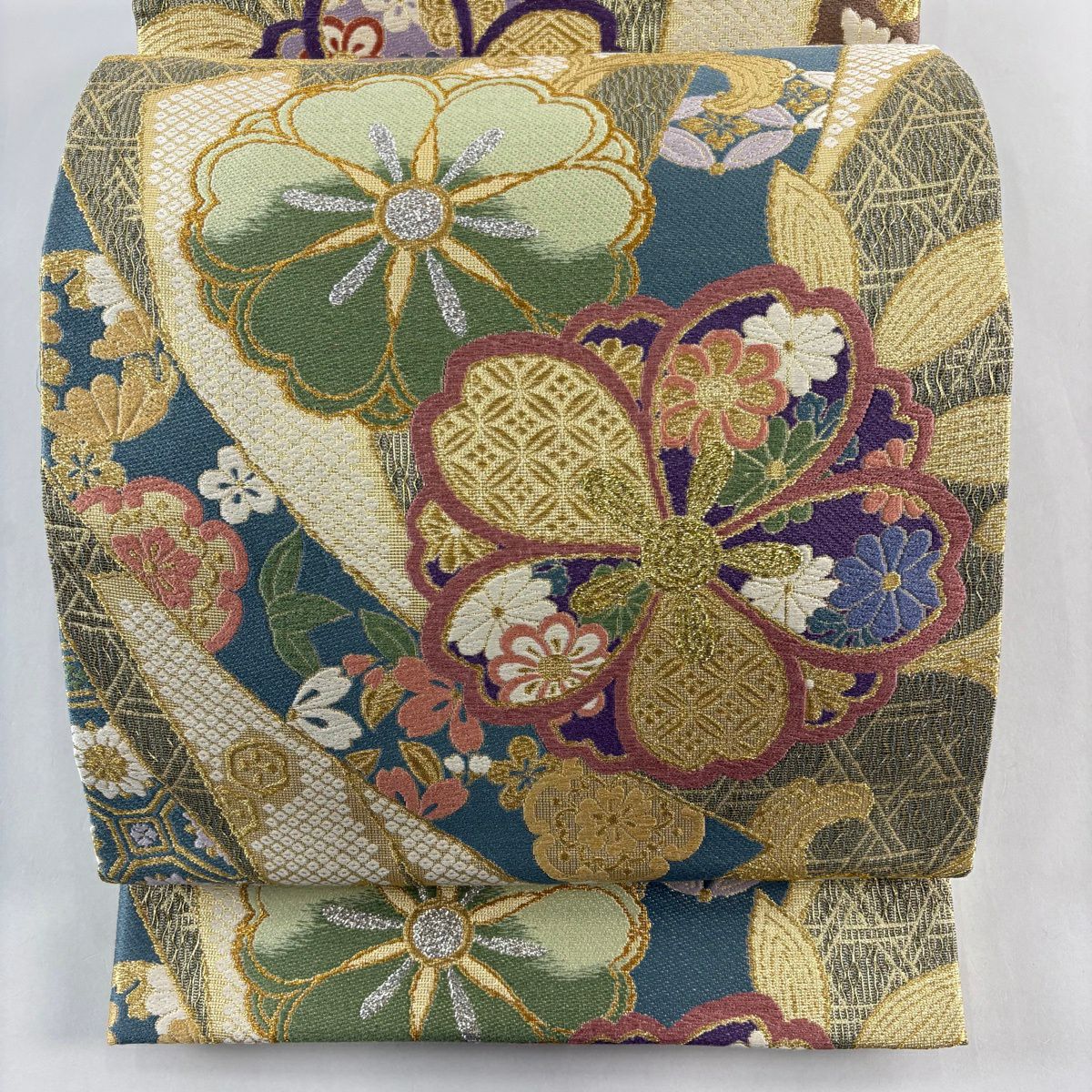 【美品】 袋帶 秀品級 落款あり櫻花 籠目 金銀糸 金金箔 灰綠 六通 純蠶絲