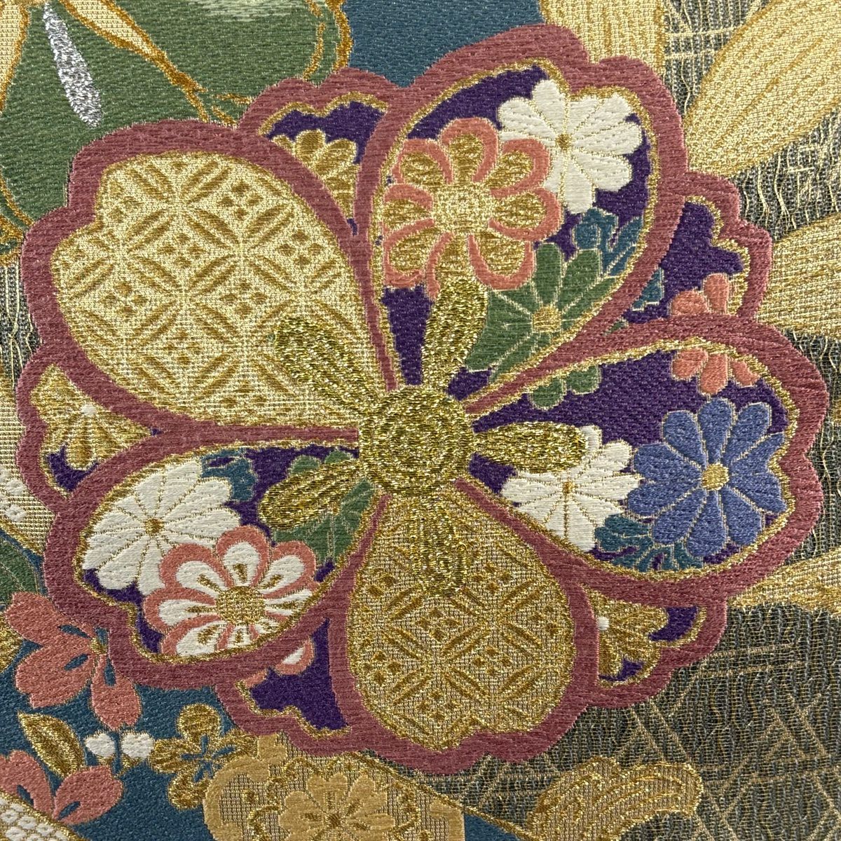 【美品】 袋帶 秀品級 落款あり櫻花 籠目 金銀糸 金金箔 灰綠 六通 純蠶絲