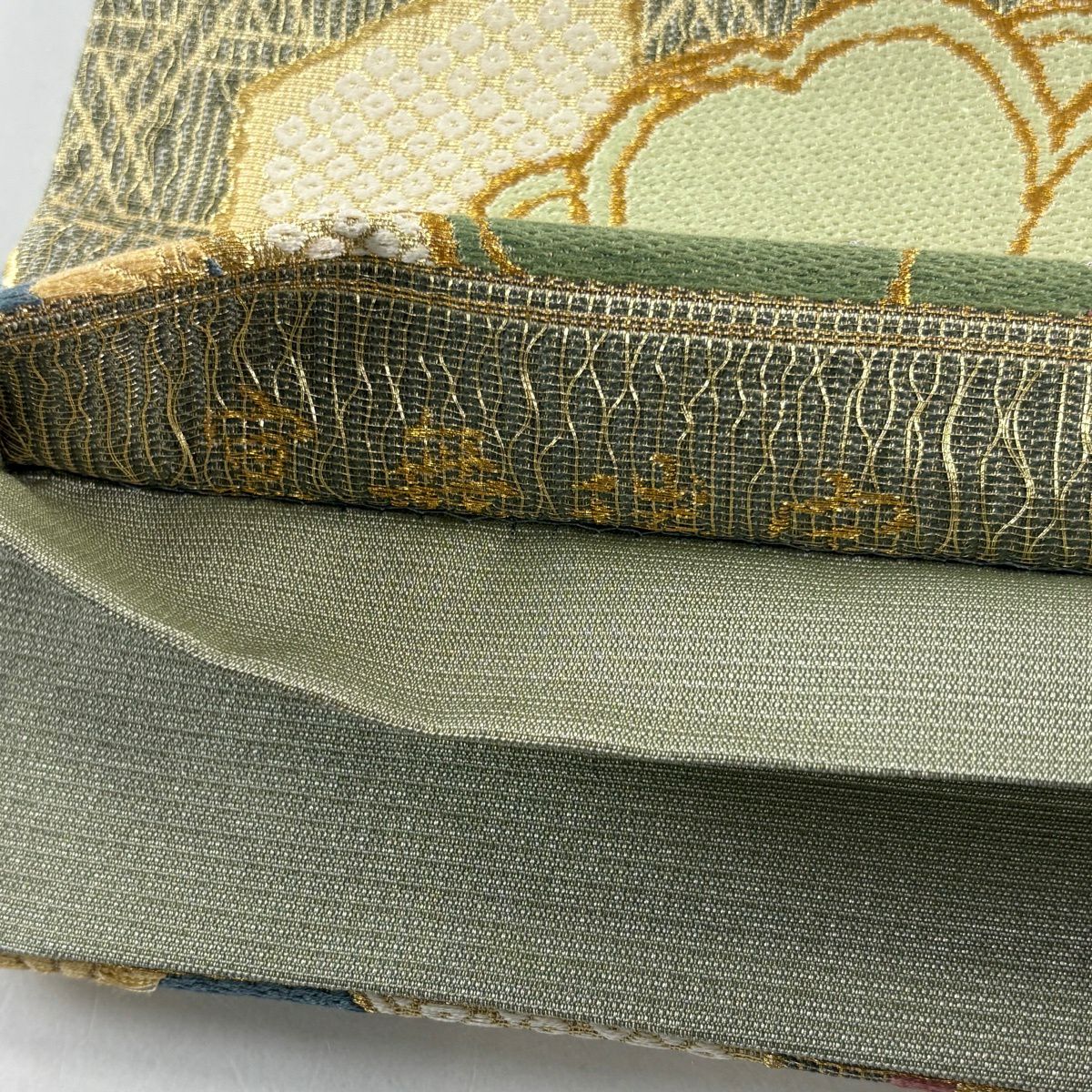 【美品】 袋帶 秀品級 落款あり櫻花 籠目 金銀糸 金金箔 灰綠 六通 純蠶絲
