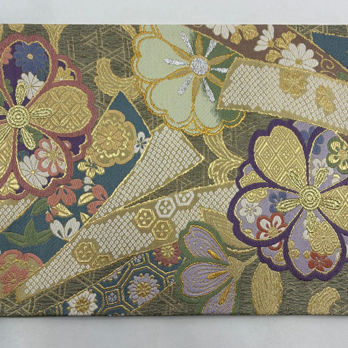 【美品】 袋帶 秀品級 落款あり櫻花 籠目 金銀糸 金金箔 灰綠 六通 純蠶絲