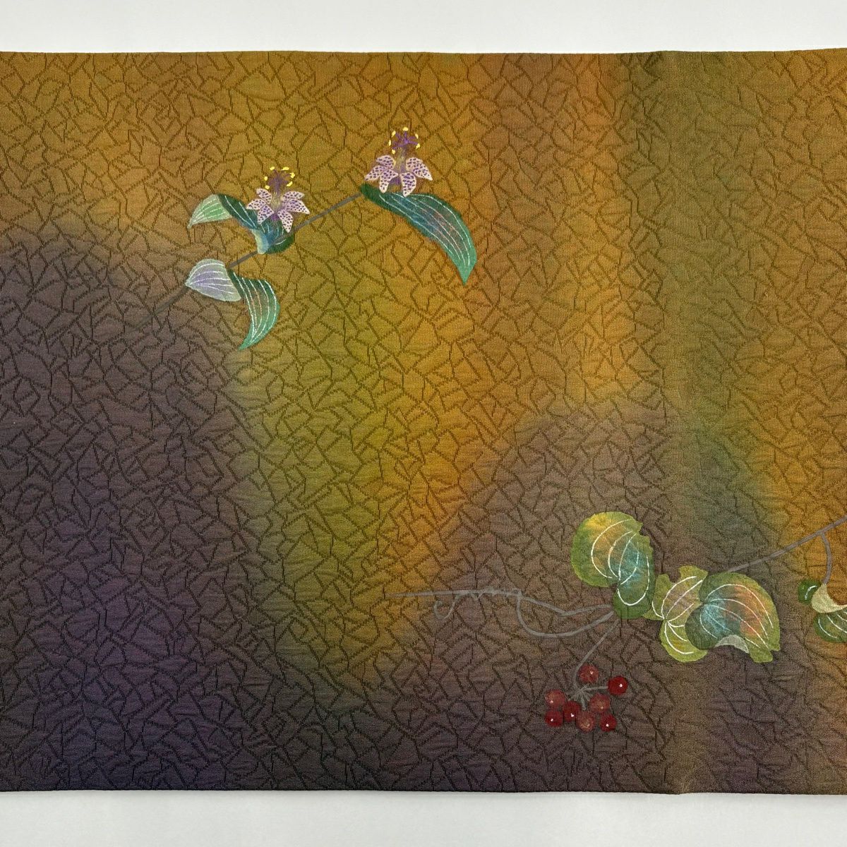 袋帶 秀品級 附落款 關西仕立 葉與果 草花紋紋 漸層 茶紫色 大鼓圖案 純蠶絲