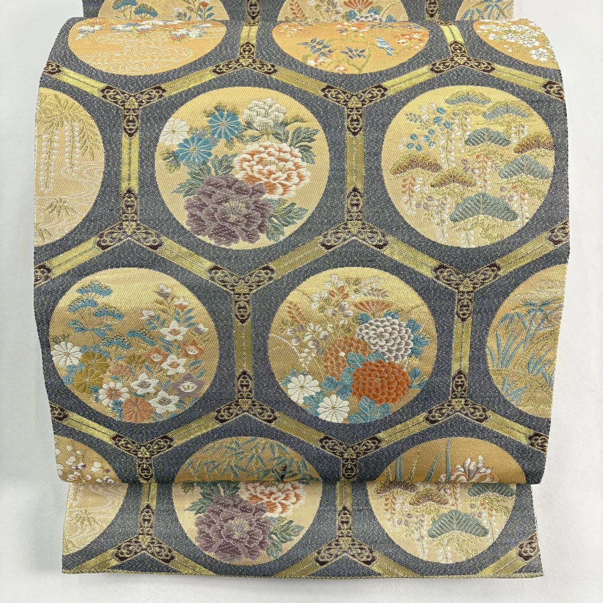 袋帶 秀品級 圓紋 草花紋 金銀絲 金金箔 灰 深藍 六通 純蠶絲