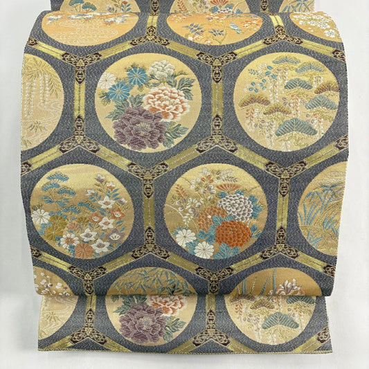 袋帶 秀品級 圓紋 草花紋 金銀絲 金金箔 灰 深藍 六通 純蠶絲