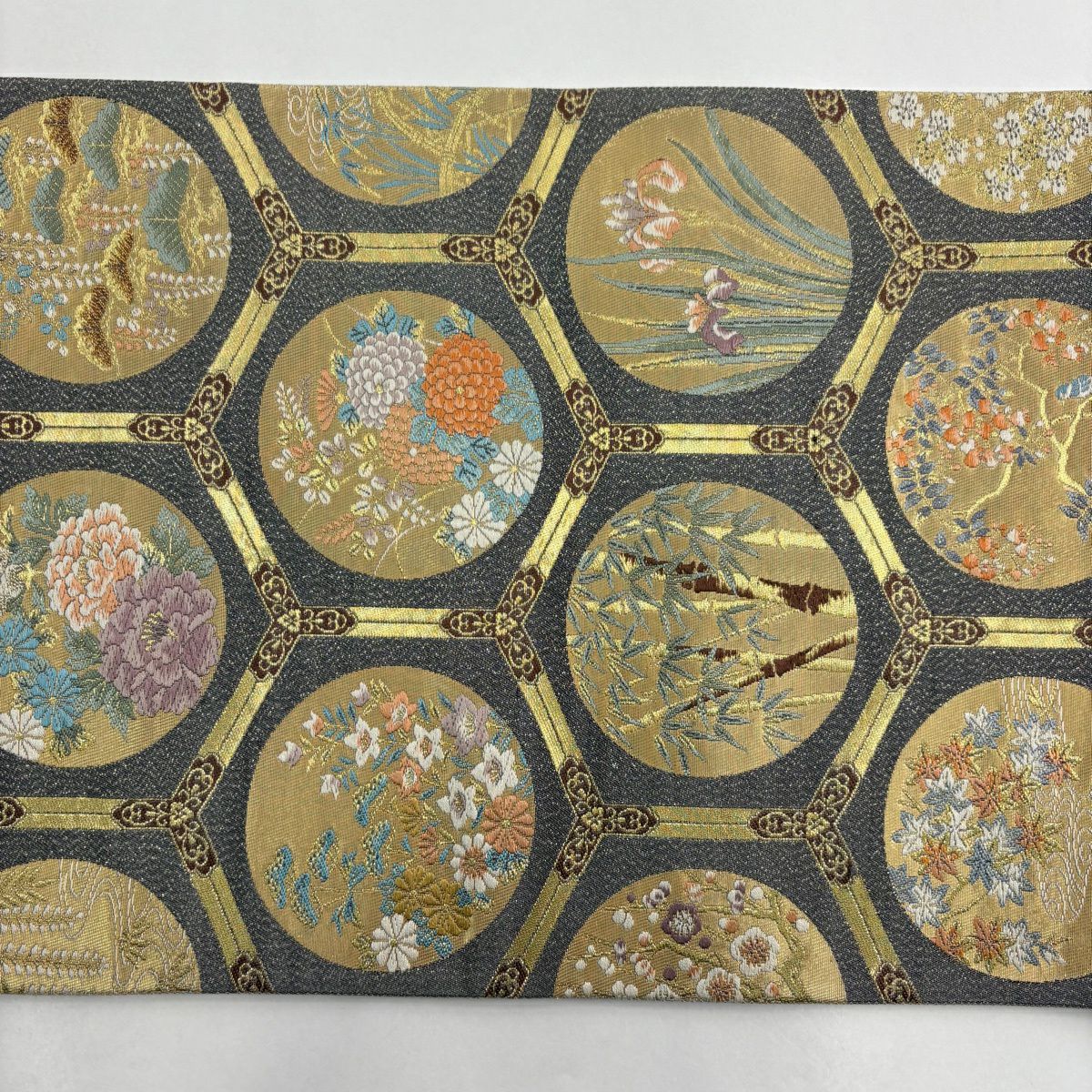 袋帶 秀品級 圓紋 草花紋 金銀絲 金金箔 灰 深藍 六通 純蠶絲