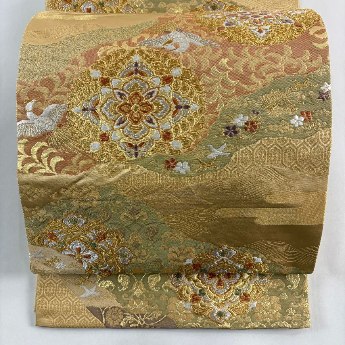 袋帶 秀品級 白鳳端寶紋 華紋 金銀絲 金金箔 金色 六通 純蠶絲