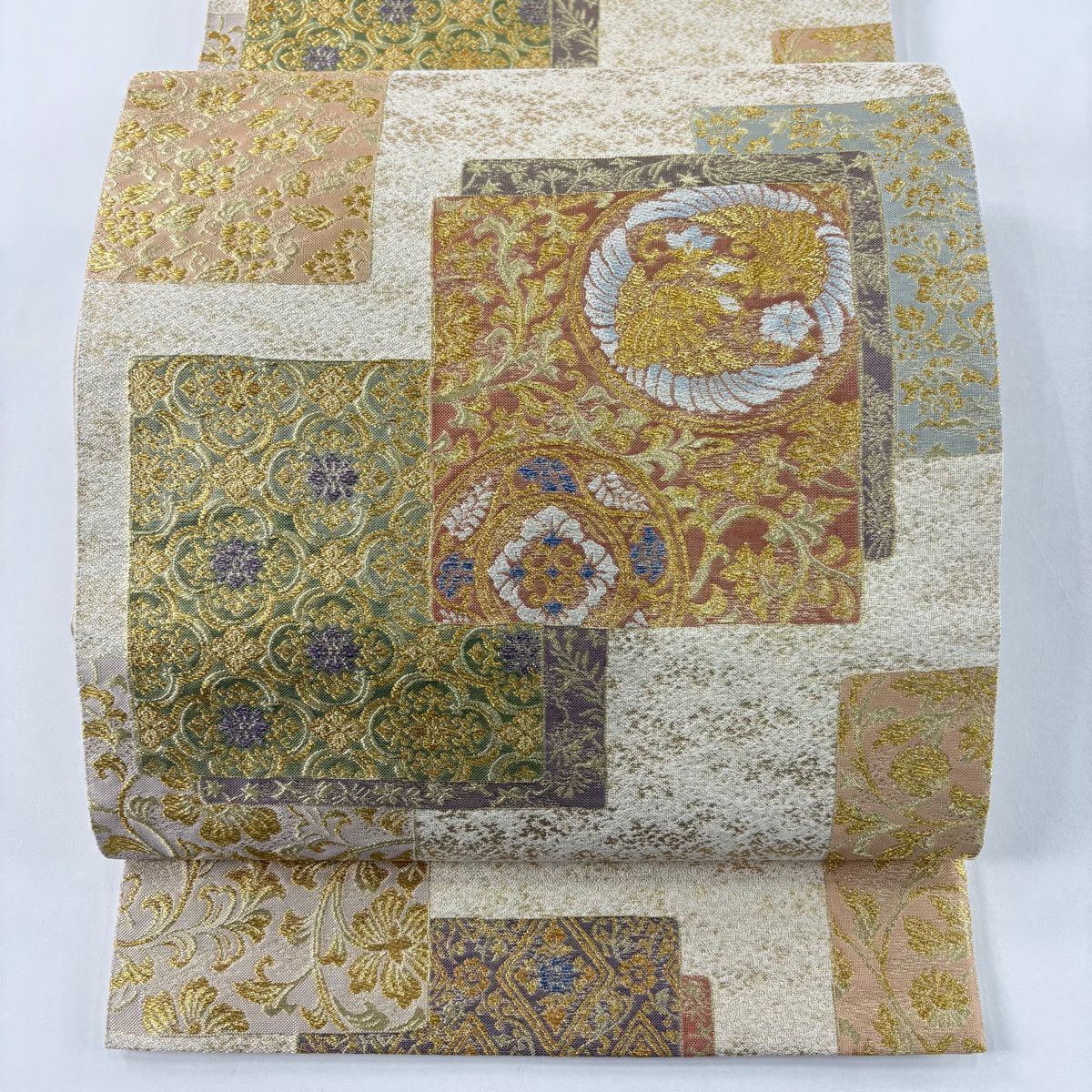 【美品】 袋帶 秀品級 正倉院名物裂文 金銀糸 金金箔 米色 六通 純蠶絲