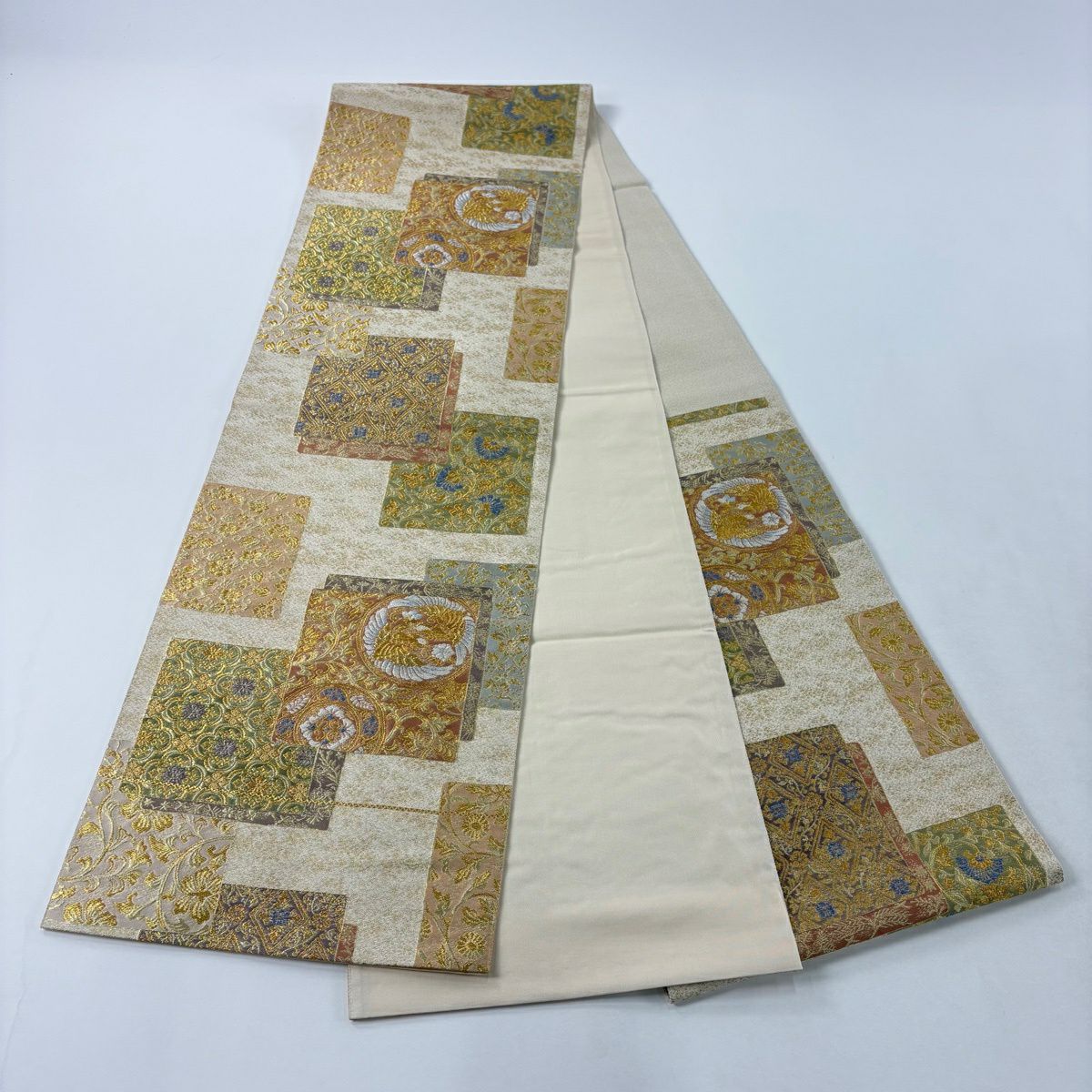 【美品】 袋帶 秀品級 正倉院名物裂文 金銀糸 金金箔 米色 六通 純蠶絲