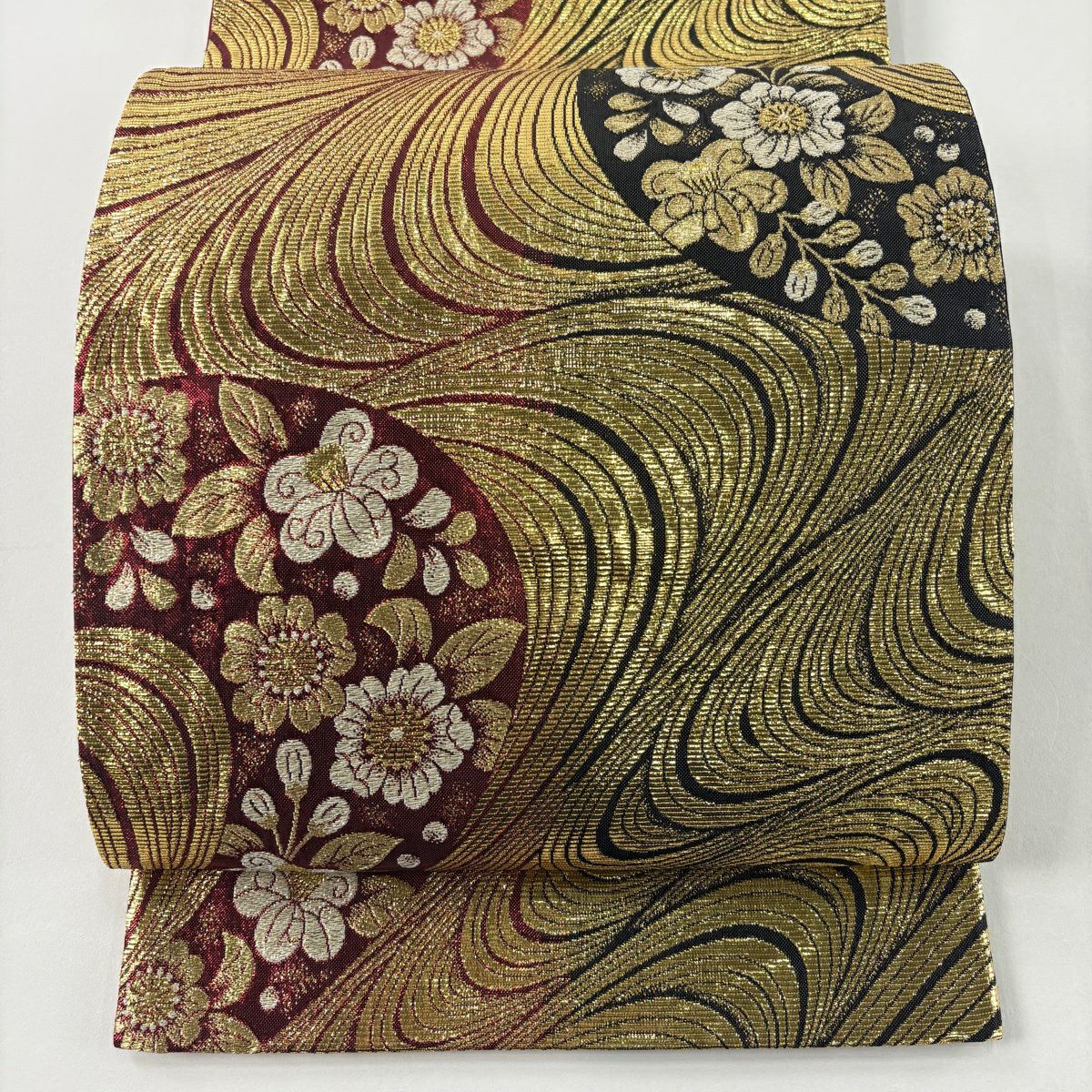 【美品】 袋帶 秀品級 證書齊全 草花紋 紋流水 金金箔 金絲 紅黑 六通 純蠶絲
