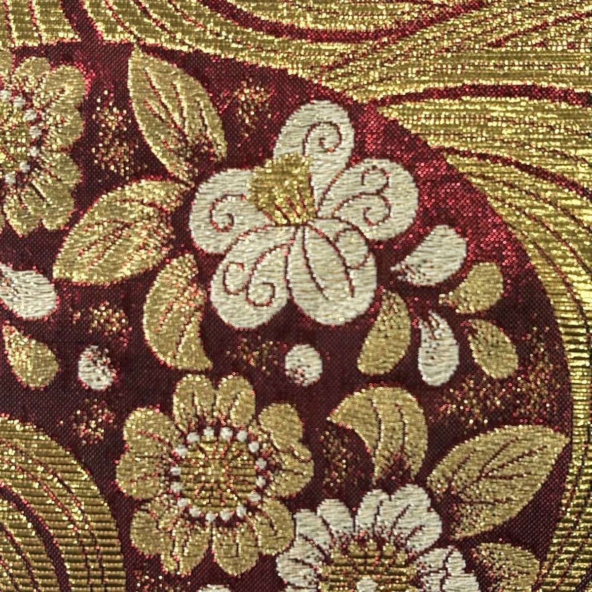 【美品】 袋帶 秀品級 證書齊全 草花紋 紋流水 金金箔 金絲 紅黑 六通 純蠶絲