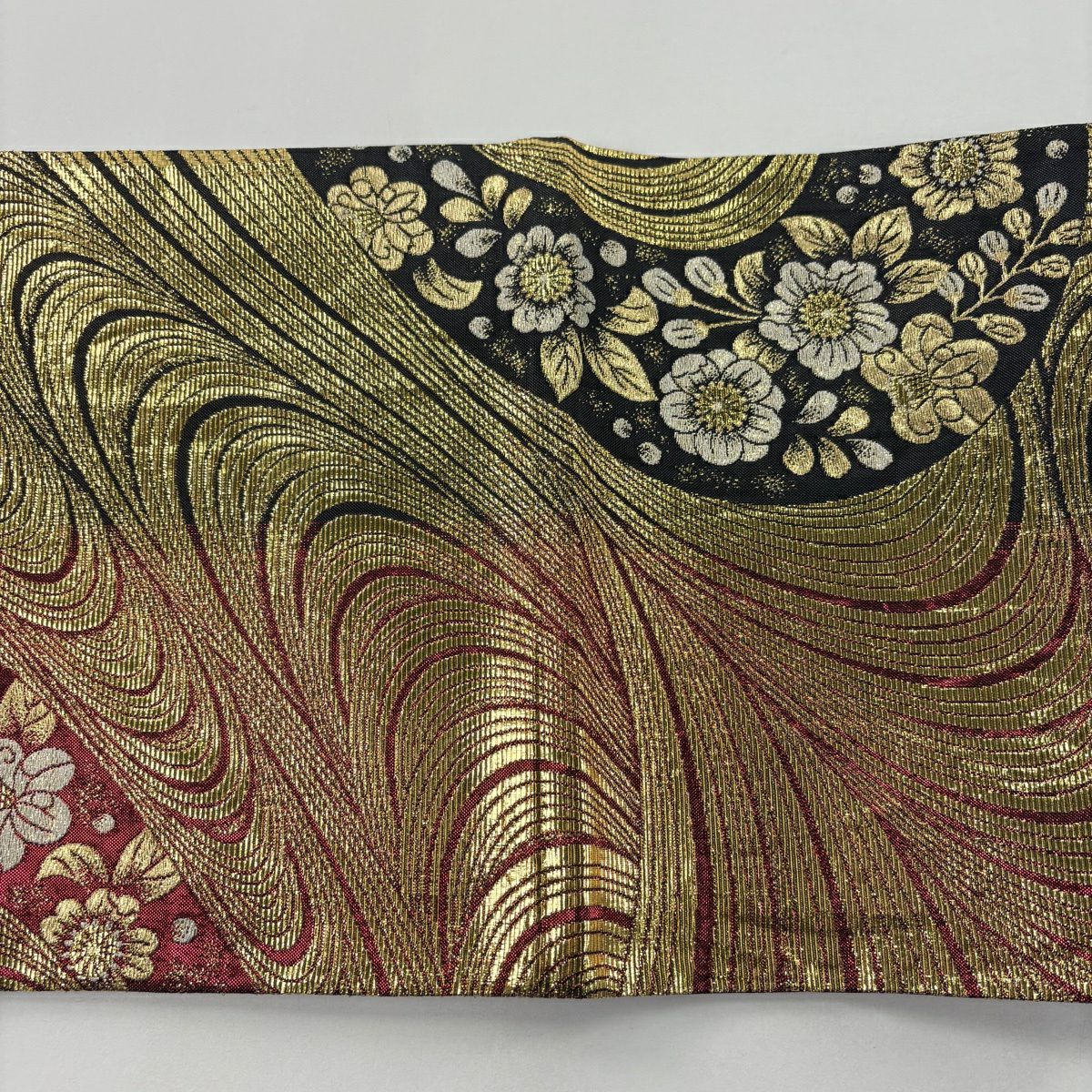【美品】 袋帶 秀品級 證書齊全 草花紋 紋流水 金金箔 金絲 紅黑 六通 純蠶絲