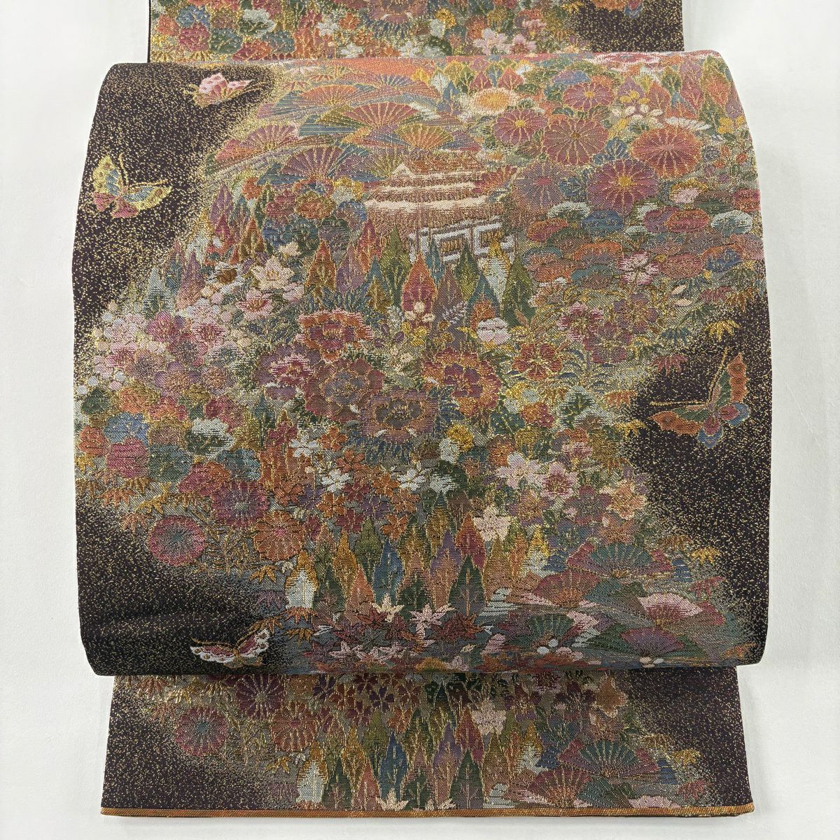 【美品】 袋帶 秀品級 加賀華千景 金金箔 金絲 茶紫 全通 純蠶絲