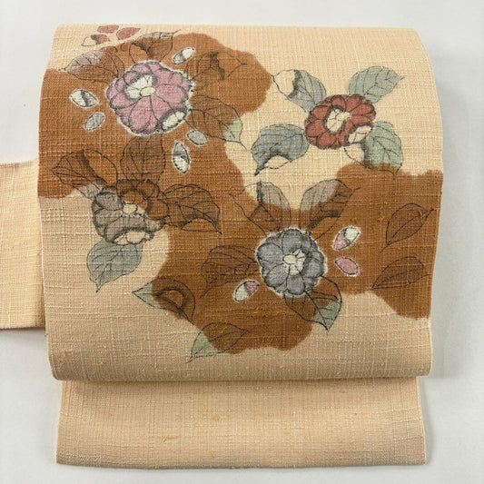 【美品】 名古屋帶 秀品級 紬織織 辻花染 霞 薄橙 純蠶絲