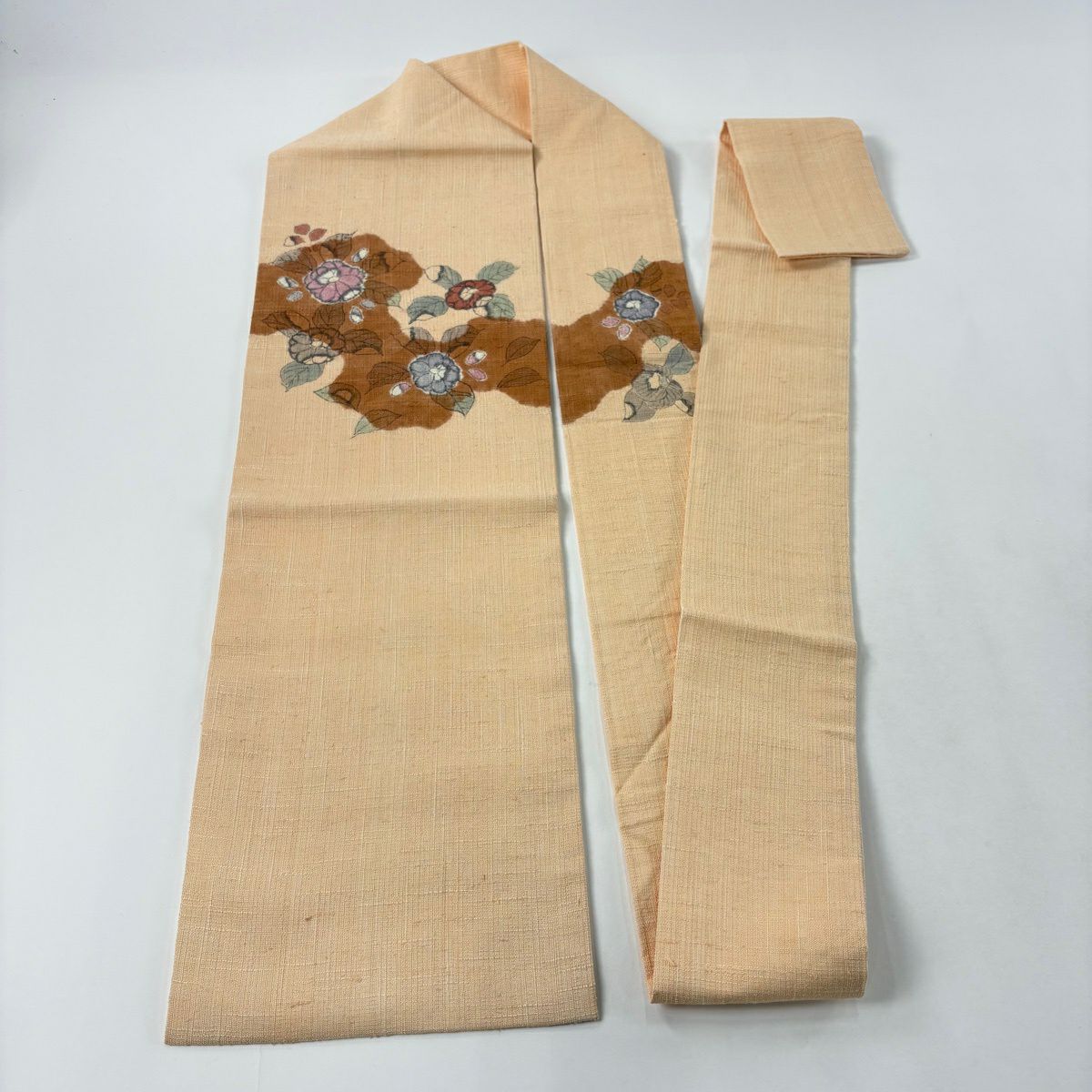【美品】 名古屋帶 秀品級 紬織織 辻花染 霞 薄橙 純蠶絲