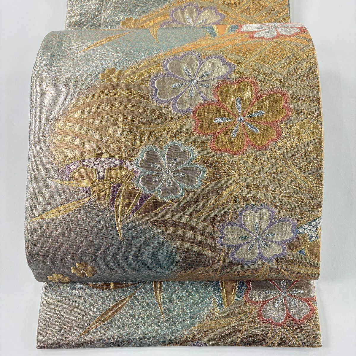 【美品】 袋帶 秀品級櫻花波金銀線金金箔淺綠六通純蠶絲