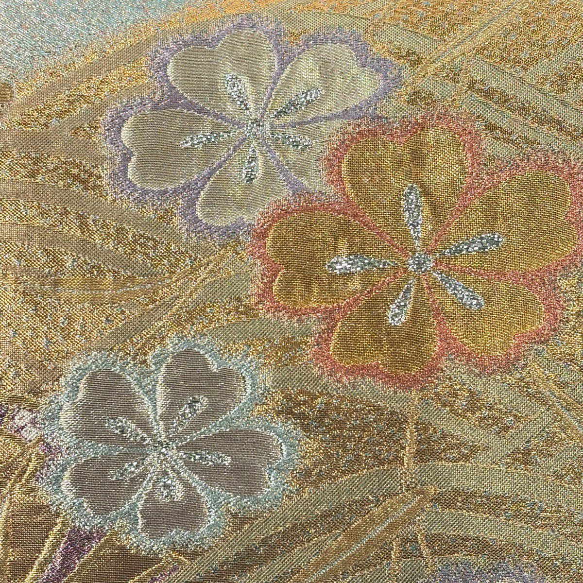 【美品】 袋帶 秀品級櫻花波金銀線金金箔淺綠六通純蠶絲
