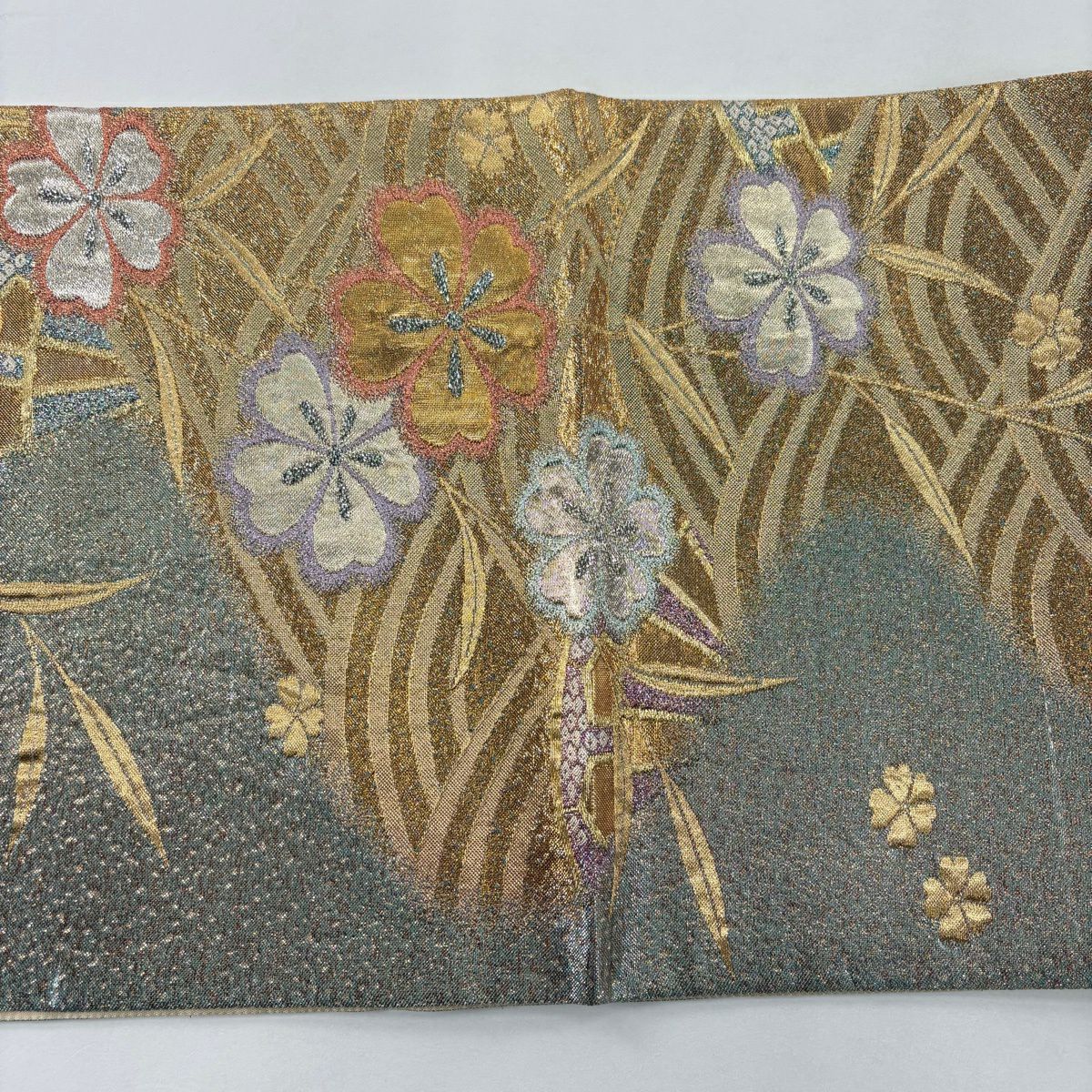 【美品】 袋帶 秀品級櫻花波金銀線金金箔淺綠六通純蠶絲