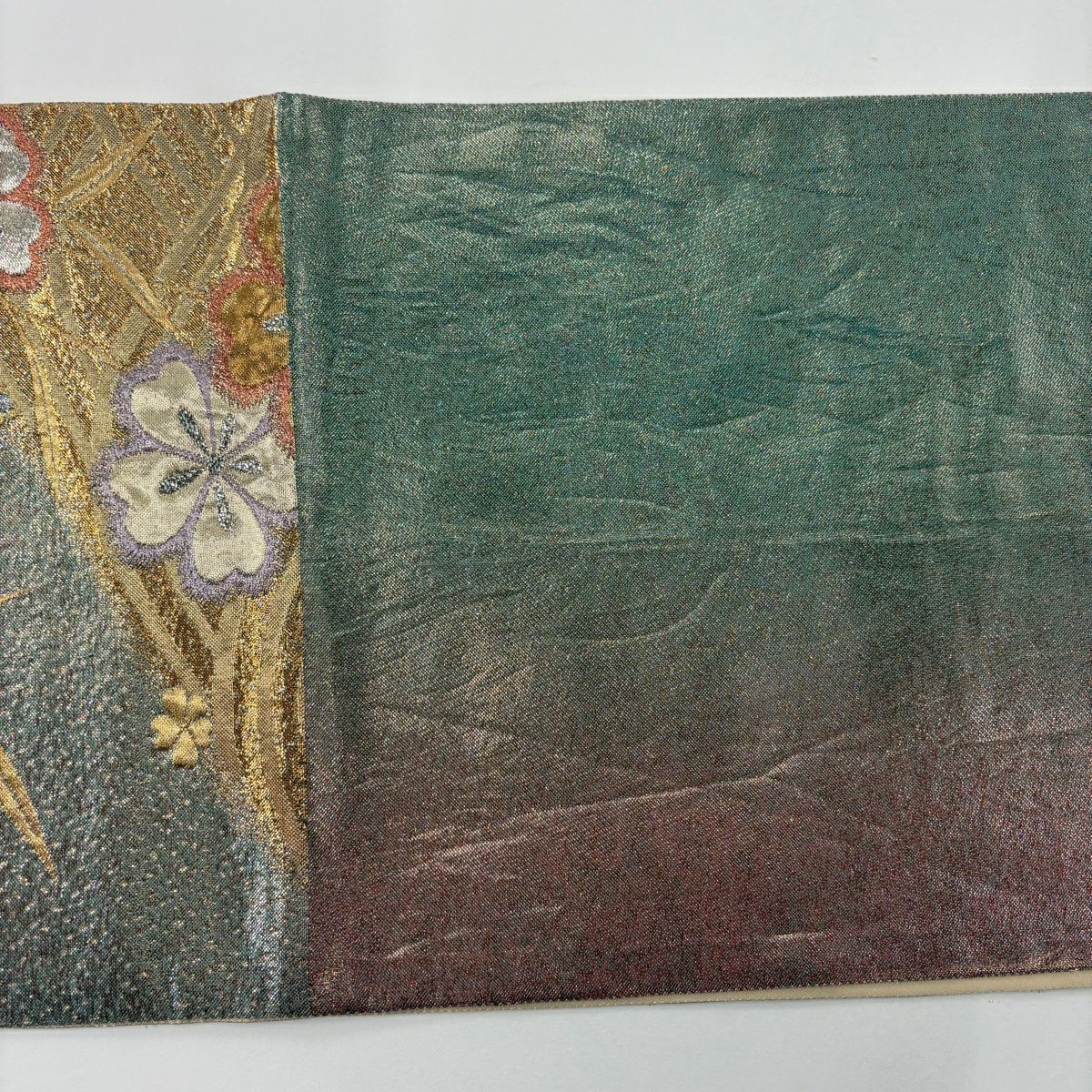 【美品】 袋帶 秀品級櫻花波金銀線金金箔淺綠六通純蠶絲