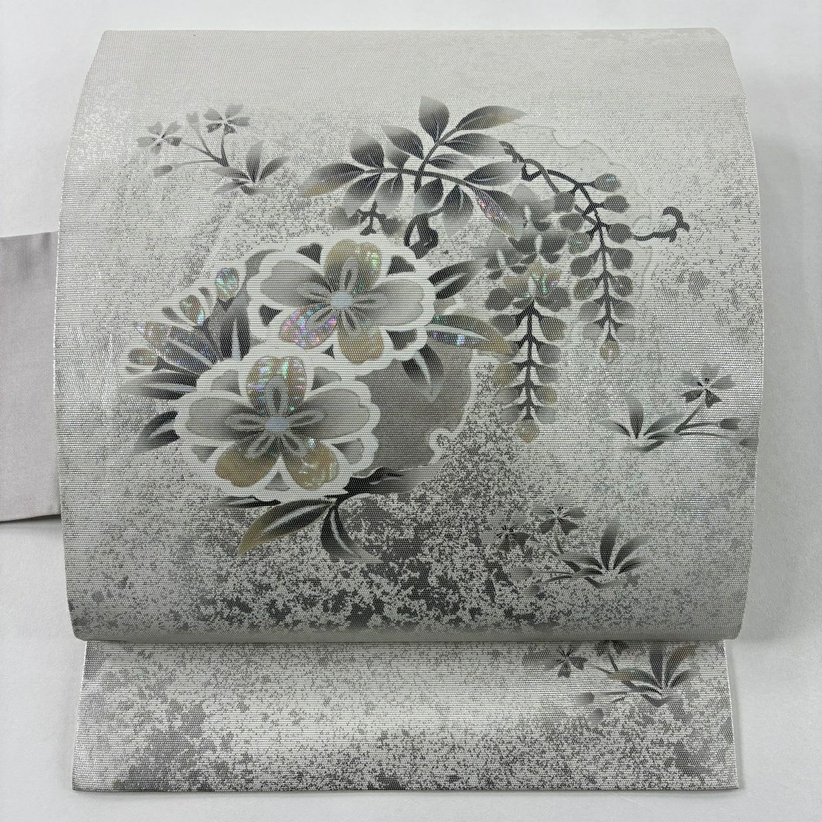 【美品】名古屋帶 秀品級 樱花 藤 膠 金銀彩 銀色 純蠶絲