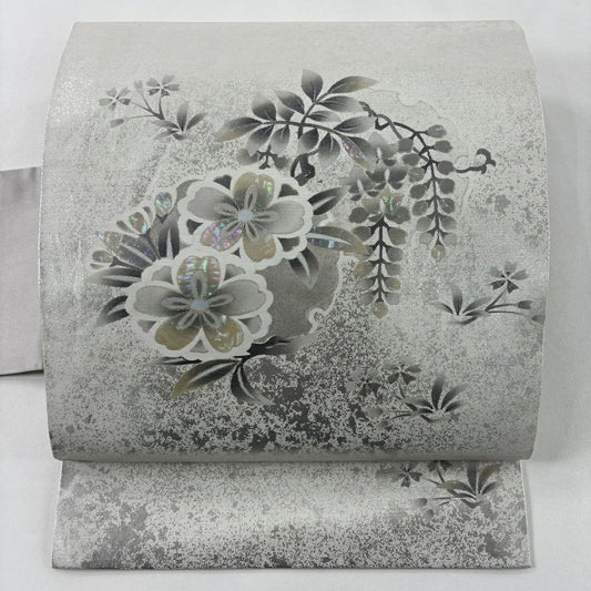 【美品】名古屋帶 秀品級 樱花 藤 膠 金銀彩 銀色 純蠶絲