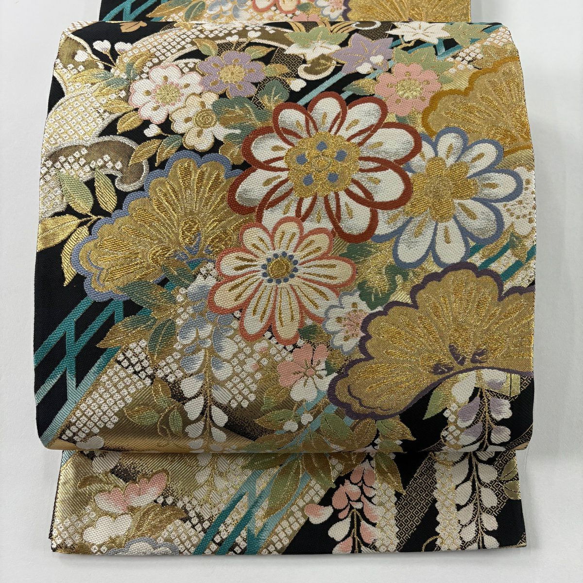【美品】 袋帶 秀品級 草花紋紋 波頭 金銀彩 金金箔 黑 六通 純蠶絲