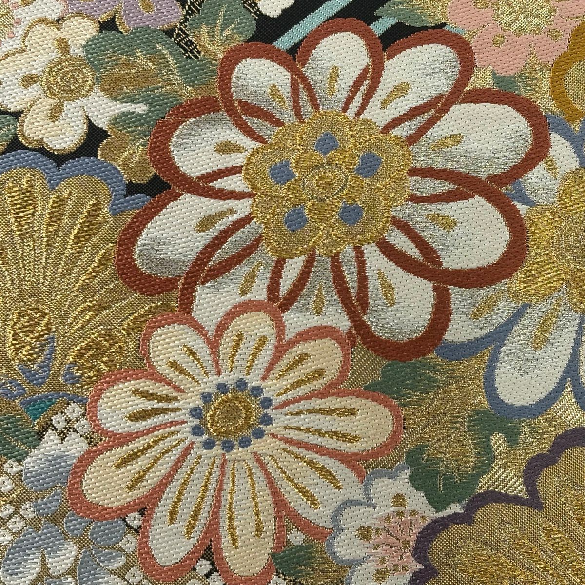 【美品】 袋帶 秀品級 草花紋紋 波頭 金銀彩 金金箔 黑 六通 純蠶絲