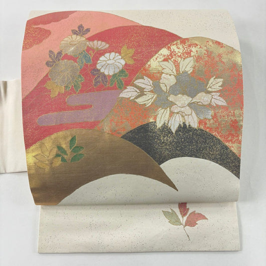 名古屋帶 秀品級 山並 草花紋 金金箔金銀彩 奶油色 純蠶絲