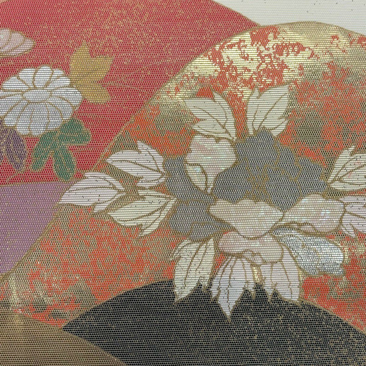 名古屋帶 秀品級 山並 草花紋 金金箔金銀彩 奶油色 純蠶絲
