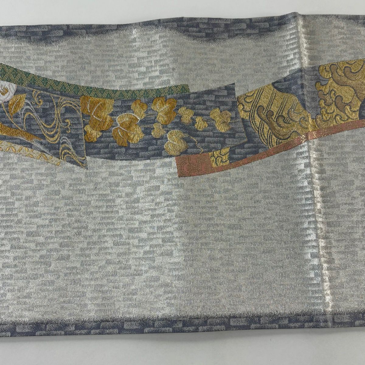 袋帶 秀品級 献上短冊文 金銀糸 金金箔 灰 深藍 六通 純蠶絲