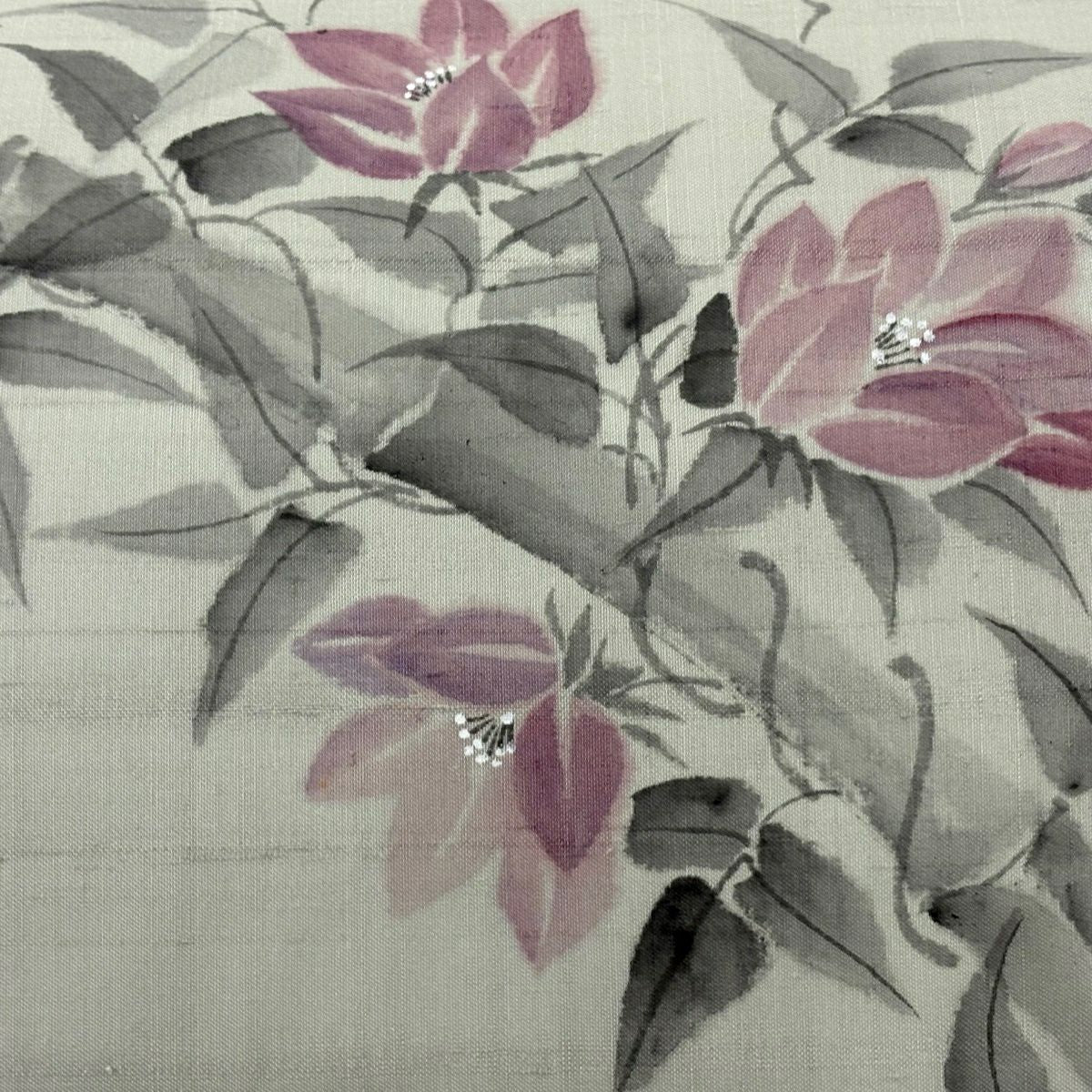 名古屋帶 秀品級 附有落款 夏帶 夏紬織地 草花紋 竹子 漸層 灰綠 純蠶絲