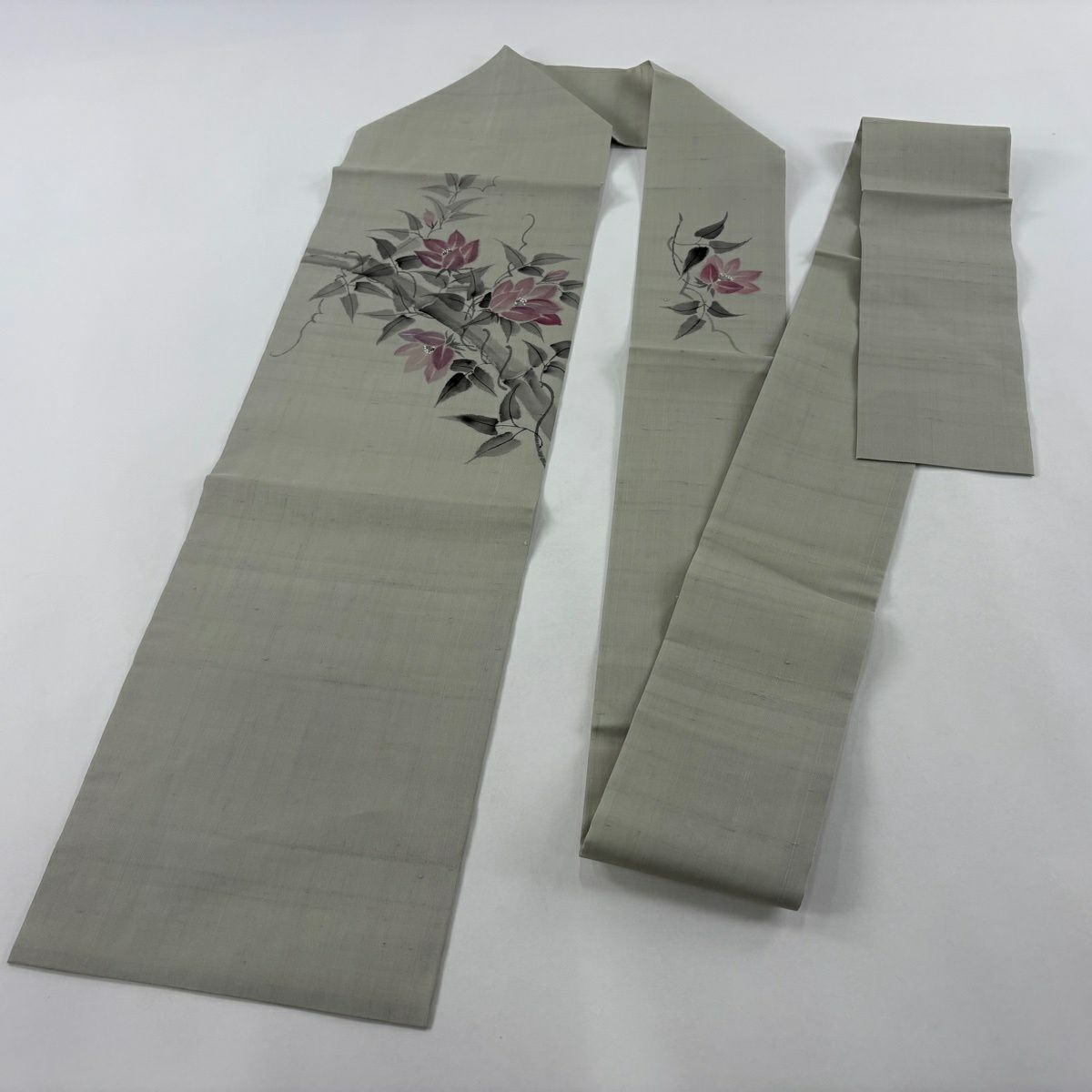 名古屋帶 秀品級 附有落款 夏帶 夏紬織地 草花紋 竹子 漸層 灰綠 純蠶絲