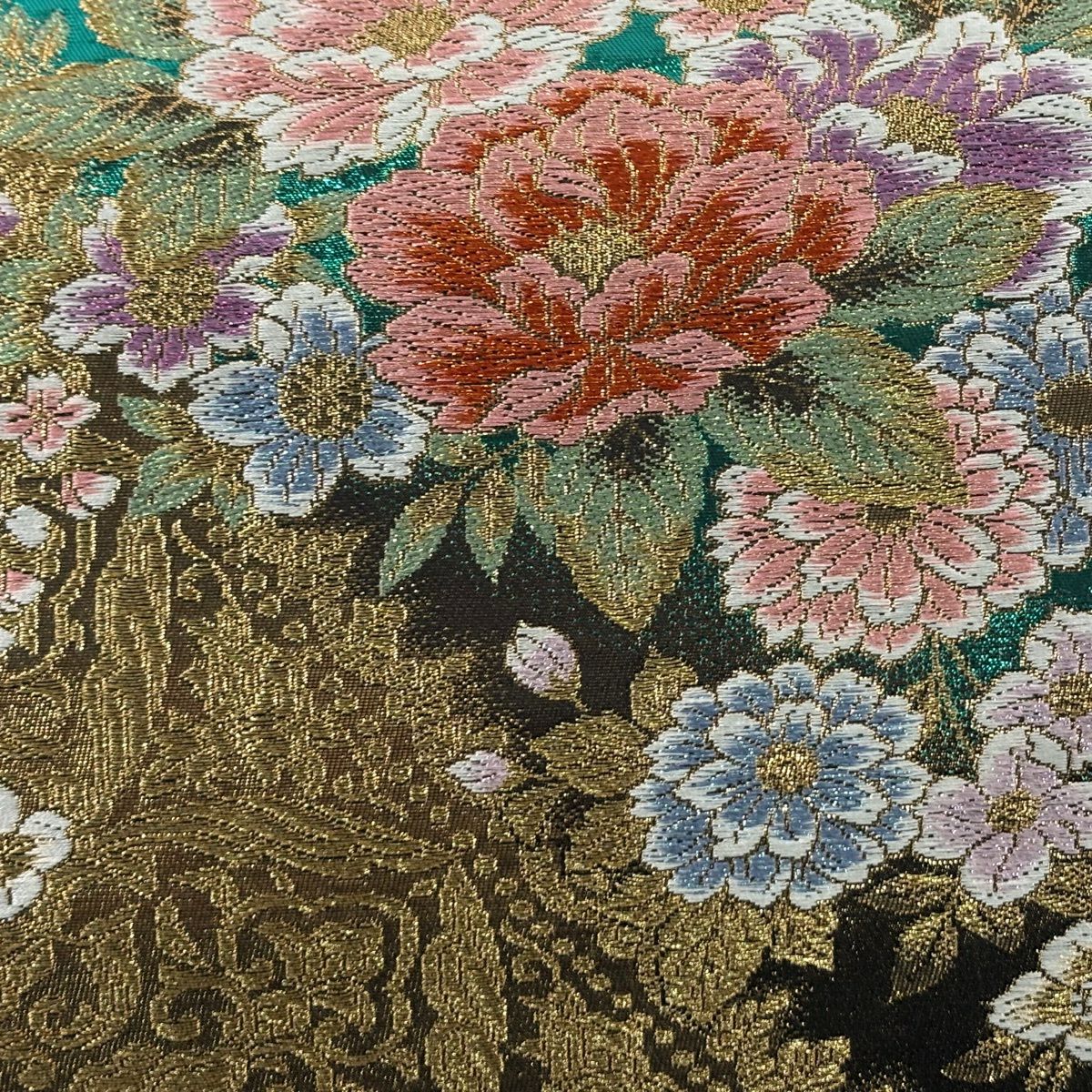 【美品】 袋帶 秀品級 牡丹 花唐草紋 金糸 金金箔 黑 六通 純蠶絲
