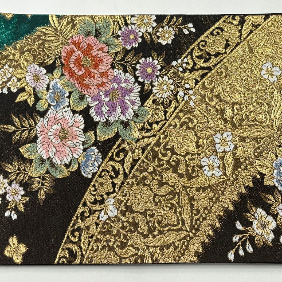 【美品】 袋帶 秀品級 牡丹 花唐草紋 金糸 金金箔 黑 六通 純蠶絲