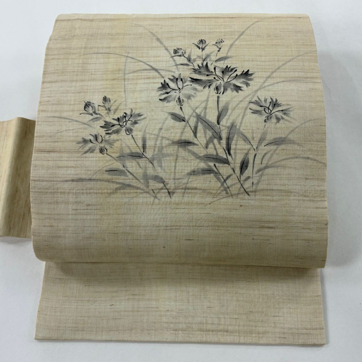 【美品】 名古屋帶 秀品級 夏帶 夏紬織地 草花紋 淺米色 純蠶絲