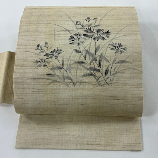 【美品】 名古屋帶 秀品級 夏帶 夏紬織地 草花紋 淺米色 純蠶絲