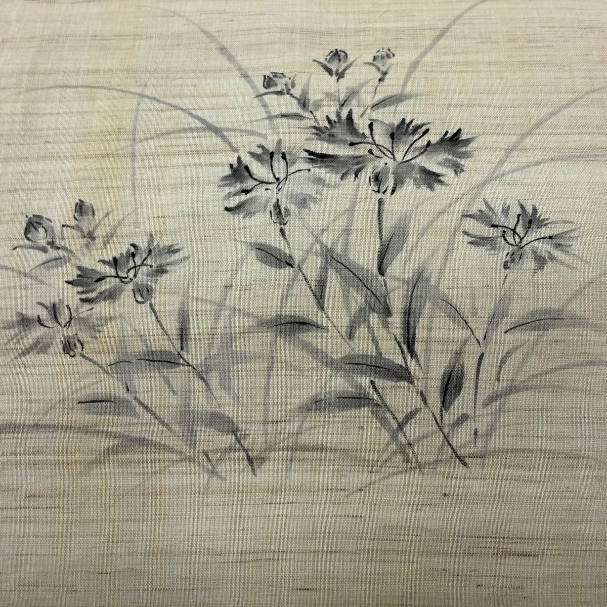 【美品】 名古屋帶 秀品級 夏帶 夏紬織地 草花紋 淺米色 純蠶絲