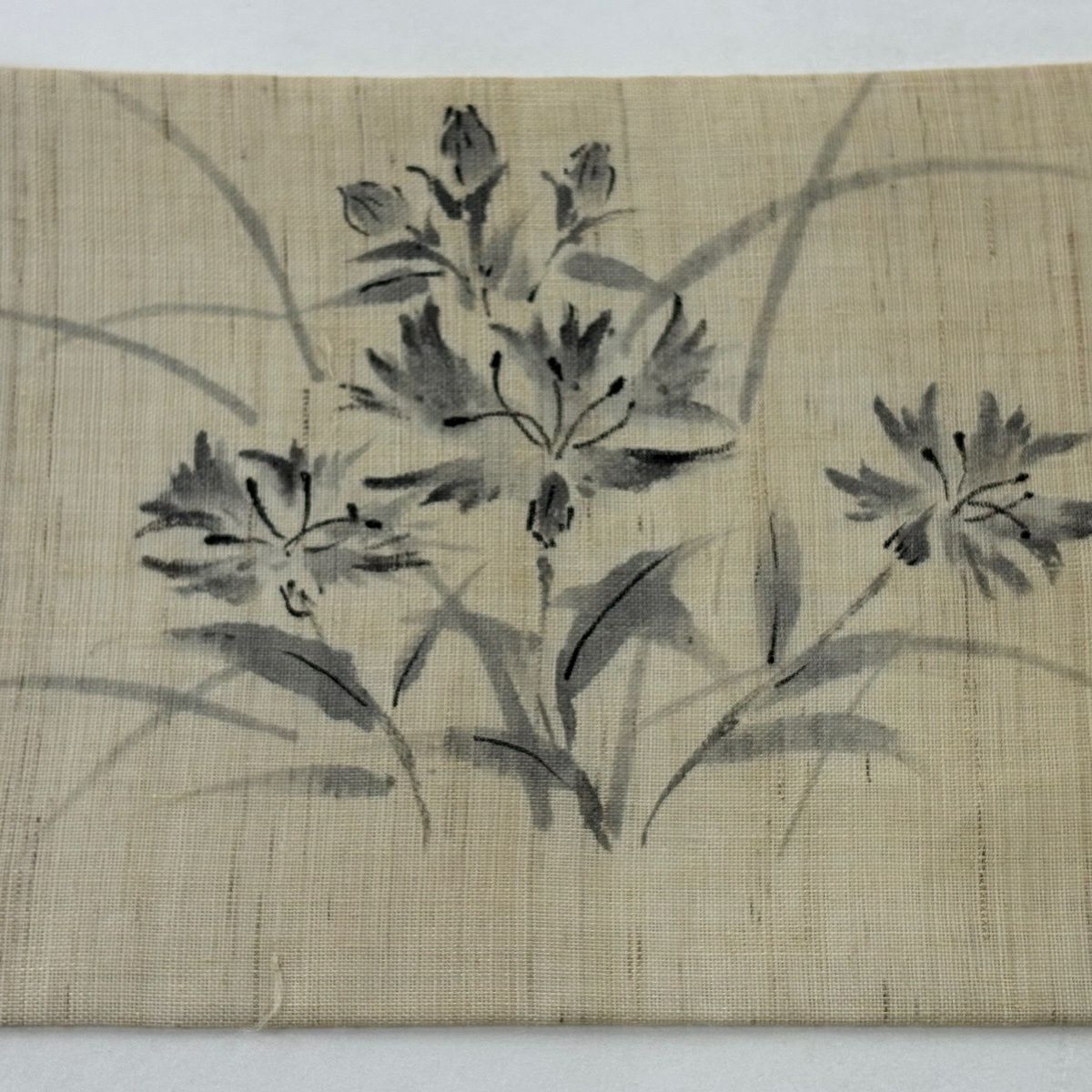 【美品】 名古屋帶 秀品級 夏帶 夏紬織地 草花紋 淺米色 純蠶絲