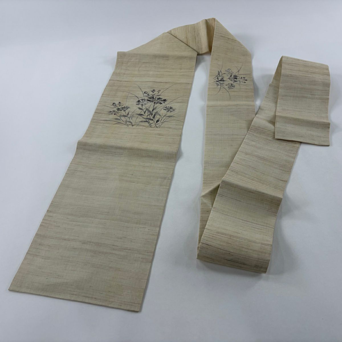 【美品】 名古屋帶 秀品級 夏帶 夏紬織地 草花紋 淺米色 純蠶絲